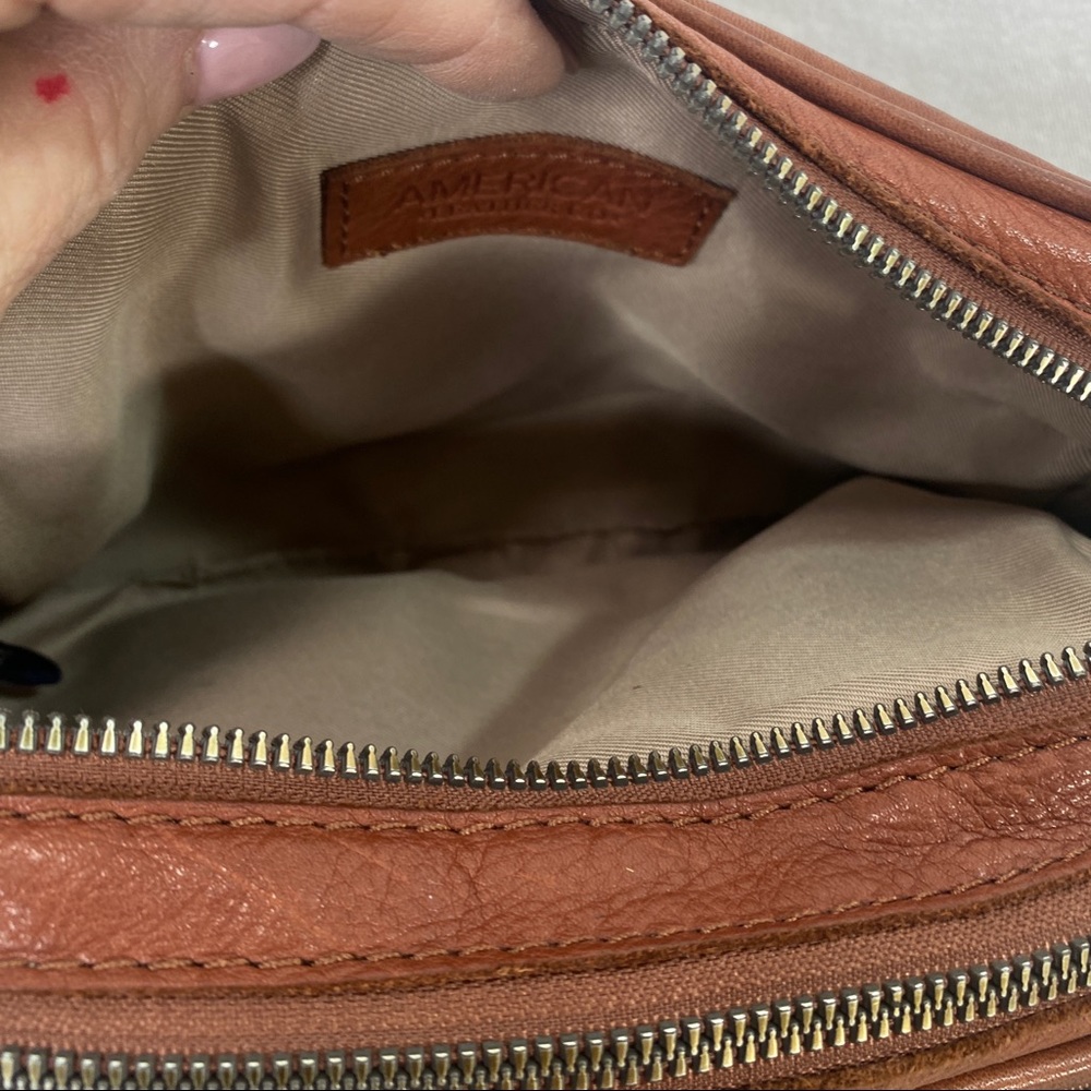 SOLD American Leather Brown Crossbody Purse Bag Adjustable Strap Cognac Tote - Picture 7 of 10